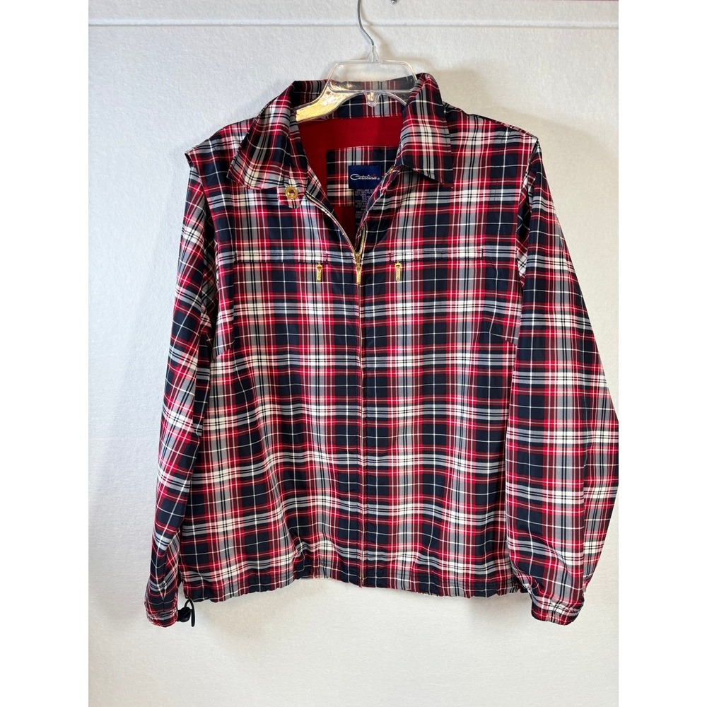 Catalina Y2K Plaid Windbreaker Jacket Womens L Red Navy Tartan Gold Zip